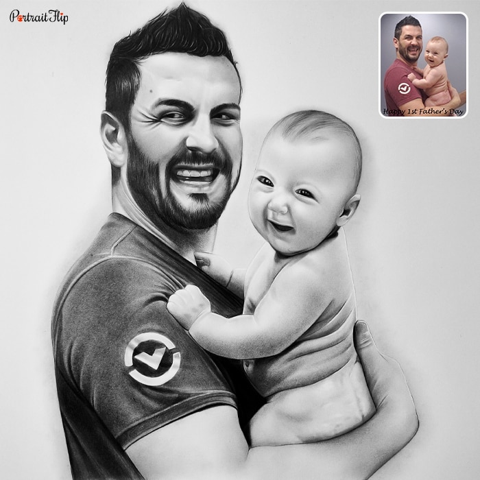Black and white picture of a man with a baby in his arms