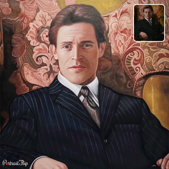 Father's day paintings of a man sitting on a couch in a check suit