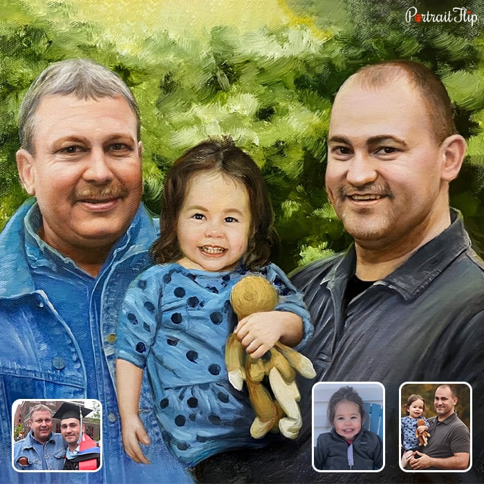 Compilation picture of father’s day paintings where an old man holding a baby is placed between two men