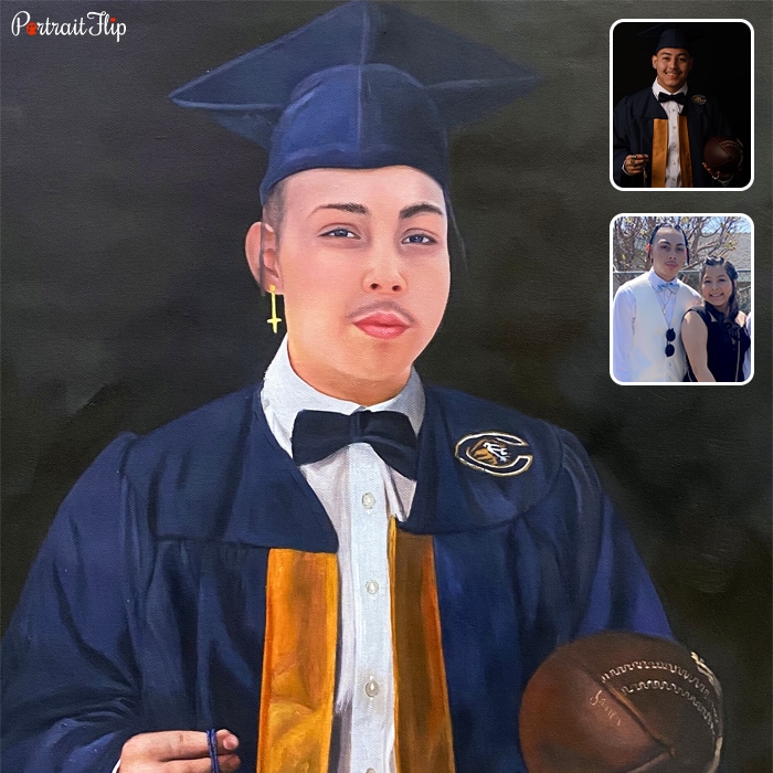 Graduation portraits of a boy holding an American football in his one hand