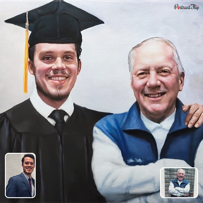 Picture of a man in graduation uniform standing beside an old man with his arm on his shoulder