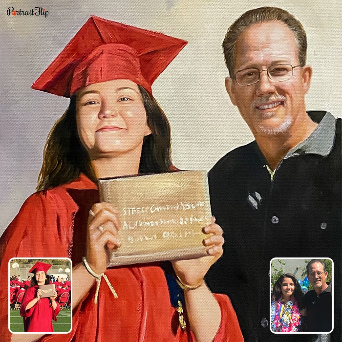 Hand-painted portrait of a graduate with a family member