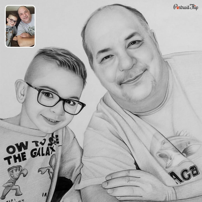 Pencil painting that shows an old man with a boy beside him