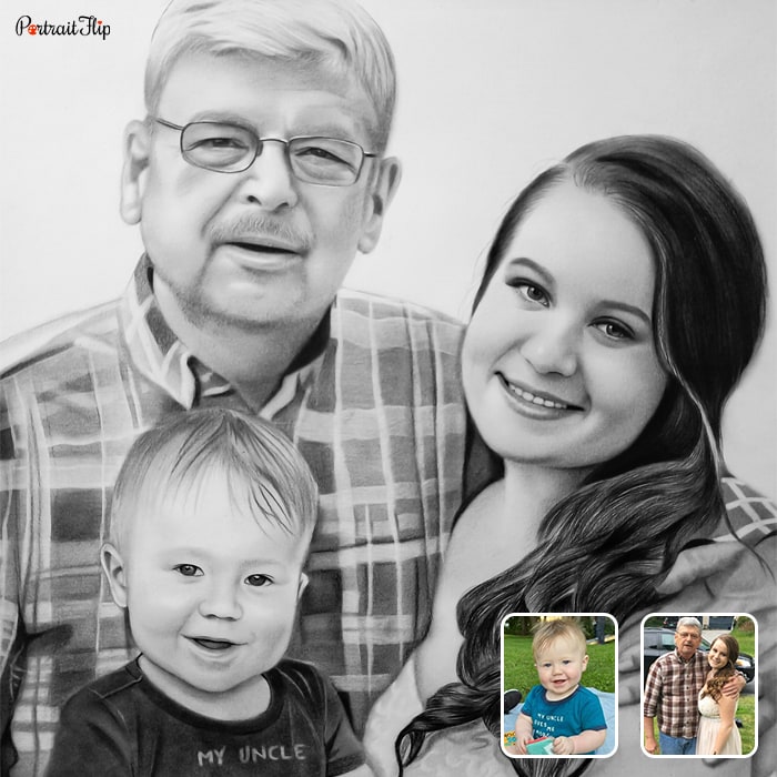 Black and white painting that shows an old man whose arm is around a woman standing beside her and a baby boy standing below