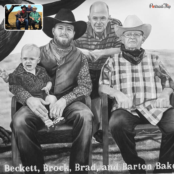 Black and white painting that shows a bald man standing in a slightly leaning pose in forward direction behind two men sitting on a chair with a baby sitting on one of the men's laps