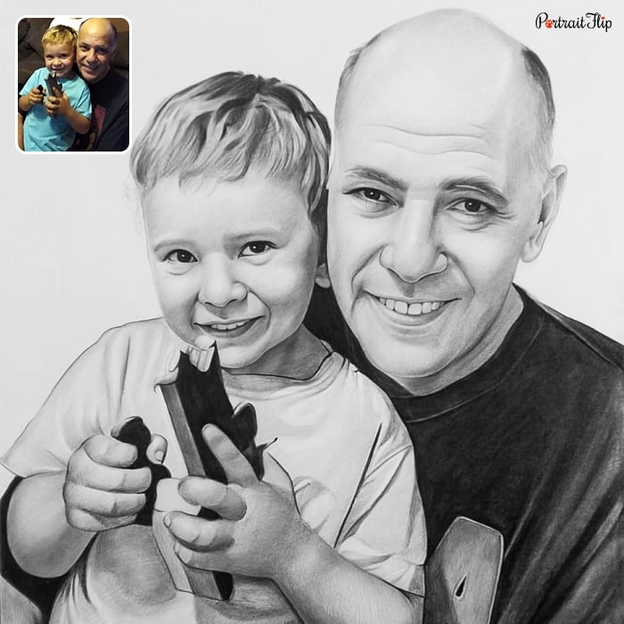 Pencil painting that shows a young boy sitting on the lap of an old man