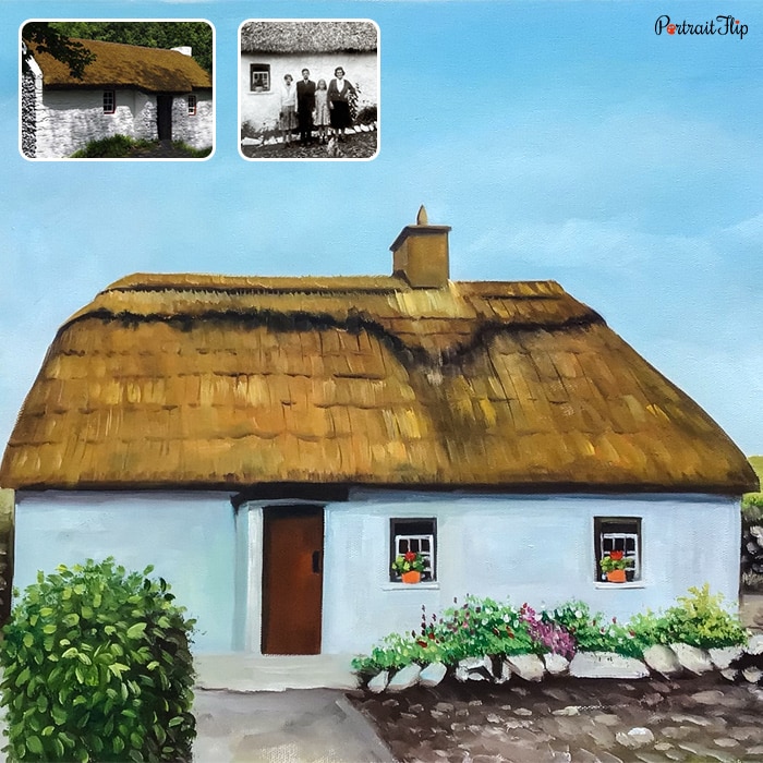 Picture of a small house with flowers and bushes