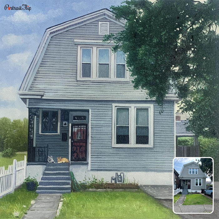 Painting of a house with a lawn