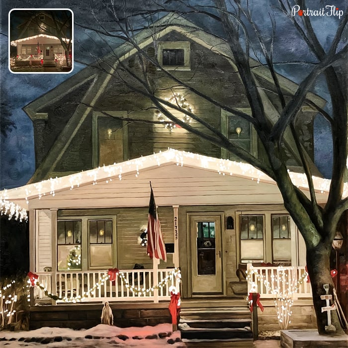 House portraits of a house covered with light and snow