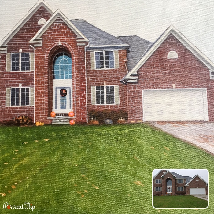 House portraits of a house with brick walls and field of grass