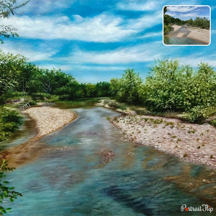 Landscape paintings that show water flowing between the bushes and sands beside them