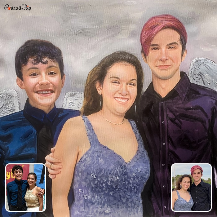 Compilation picture of a woman placed between two boys where one boy’s arm is around woman’s back is converted into memorial portraits