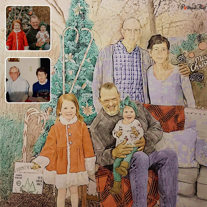 Memorial portraits of a family a couple is standing behind a man sitting on a couch with a baby girl on her lap and a younger girl beside her