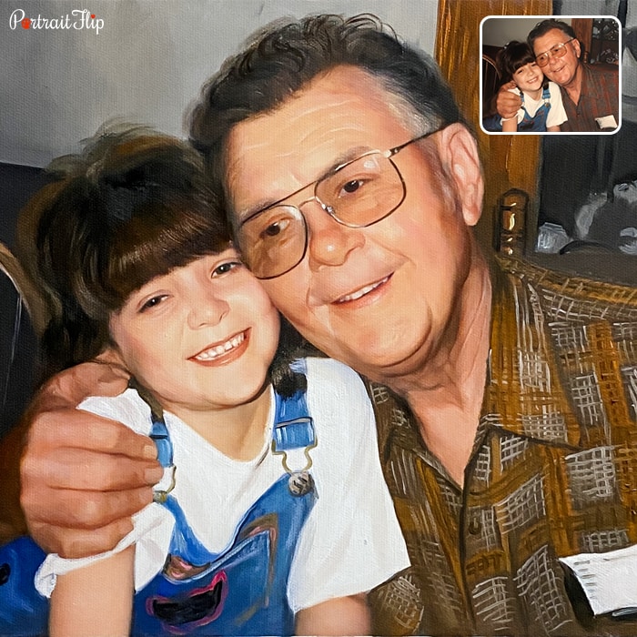 Memorial portraits where a young girl and an old man is sitting next to each other