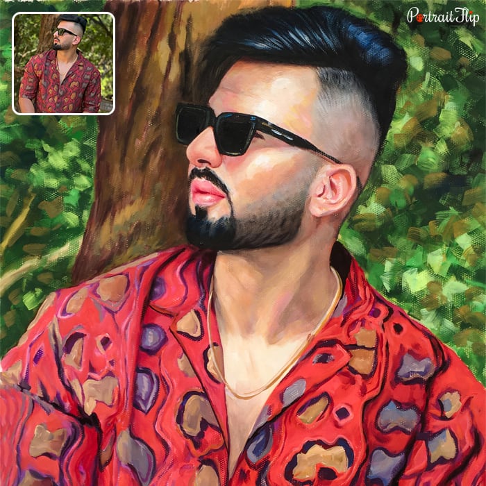 Picture of a man with a side profile standing in front of a tree wearing goggles is converted into memorial portraits