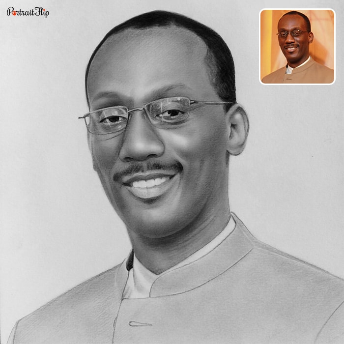 Black and white memorial portraits of a man smiling