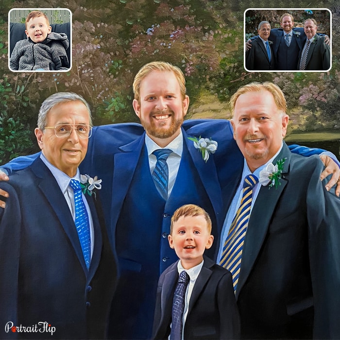 Memorial portraits where a man is standing between two old men with his arms stretched on their shoulders, along with a young boy standing in front of them