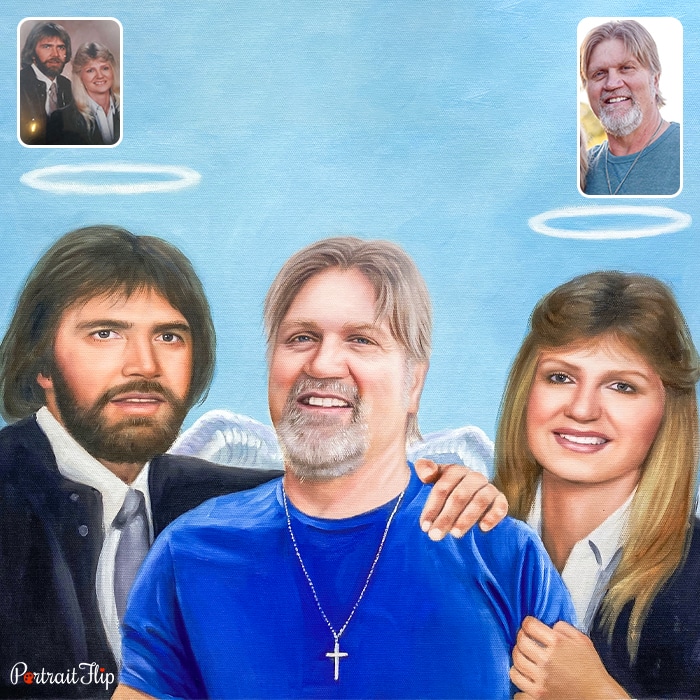 Compilation of pictures where an older man is placed between a man and a woman with white wings behind him and white ring above the heads of the woman and man is converted into a memorial portraits