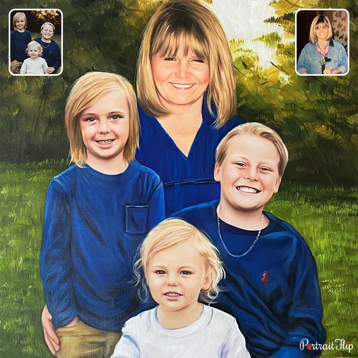 Memorial portraits where a woman is sitting behind three children, two girls and a boy, in a background of garden view