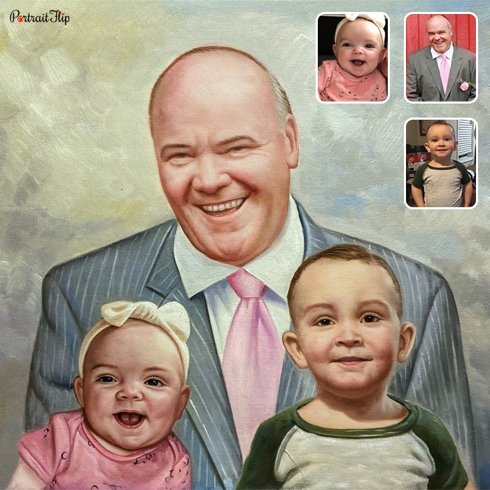 Compilation picture where an old man is placed behind a baby boy and girl is converted into memorial portraits