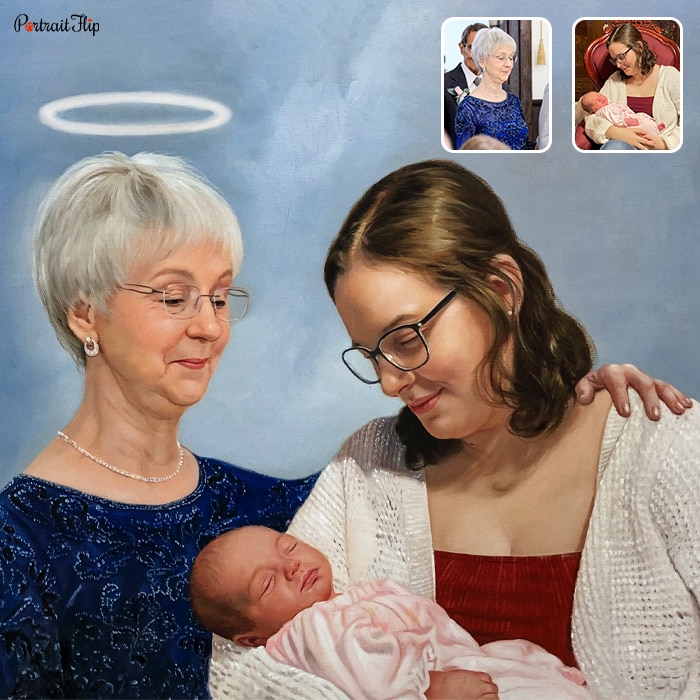 Hand-painted compilation portrait of a family merged from separate photos