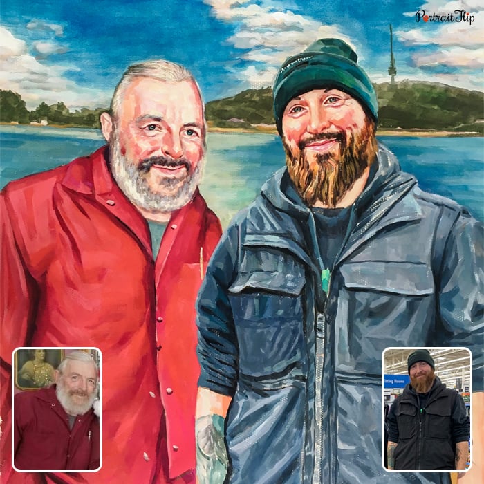 Merged portraits of two men placed next to each other in front of a sea view