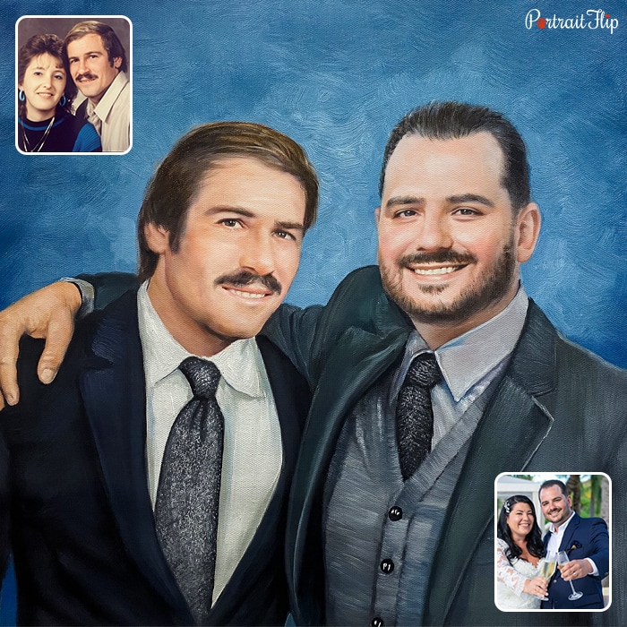 Merged portraits of two men placed next to each other where one man’s hand is on the other's shoulder in a blue background