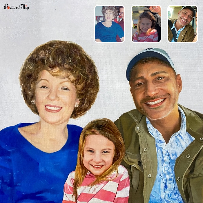 Merged portraits where a girl is placed between a woman and a man