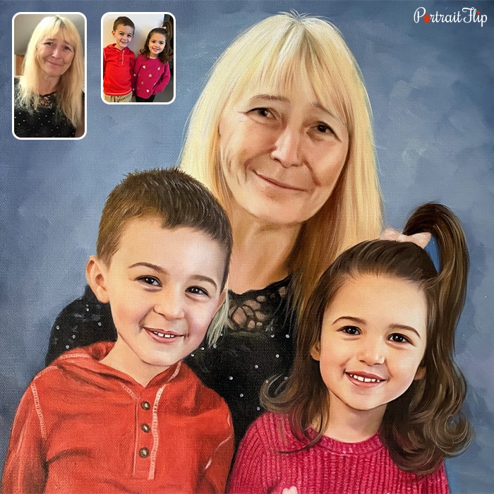 Merged portraits where a boy and a girl are placed in front of an old woman