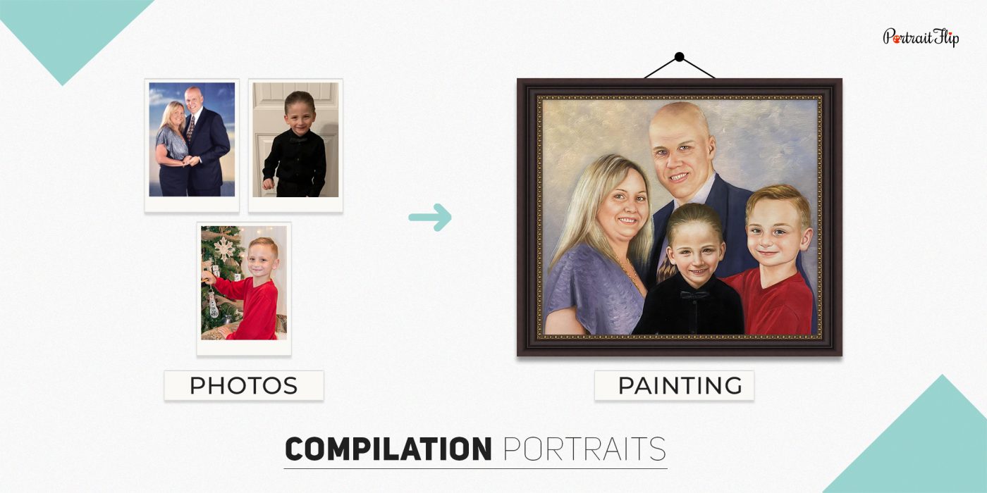Merged portraits from a photo which compile a couple and two young boys
