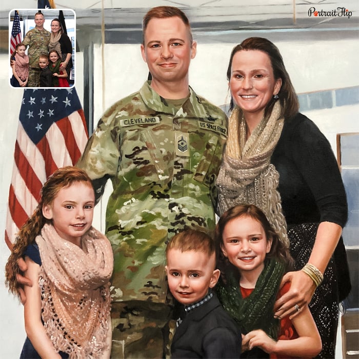 Military portraits where a man in army uniform is standing beside a woman and two girls and a boy below them