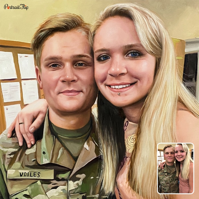 Military Portraits of a woman and a man in army uniform