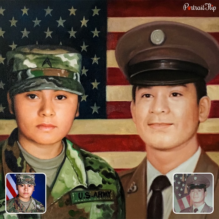Military Portraits of two men, one in officer uniform and the other in army uniform, with United States flag in the background