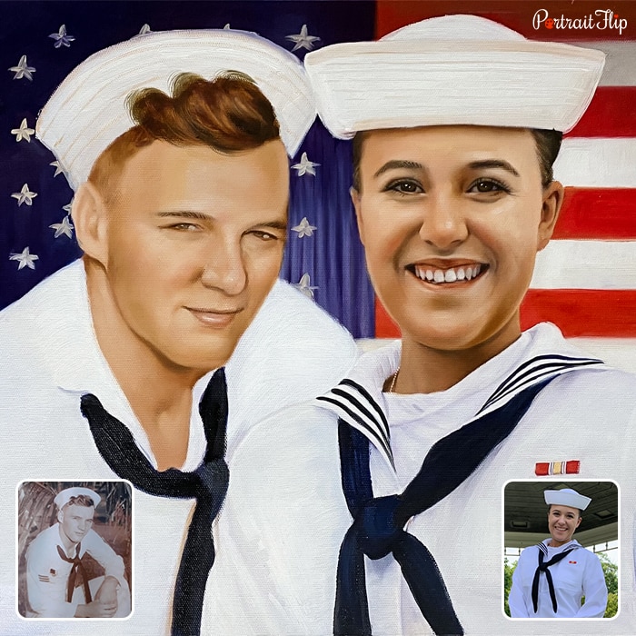 Military Portraits where two men are placed next to each other in sailor’s uniform, with United States flag in the background