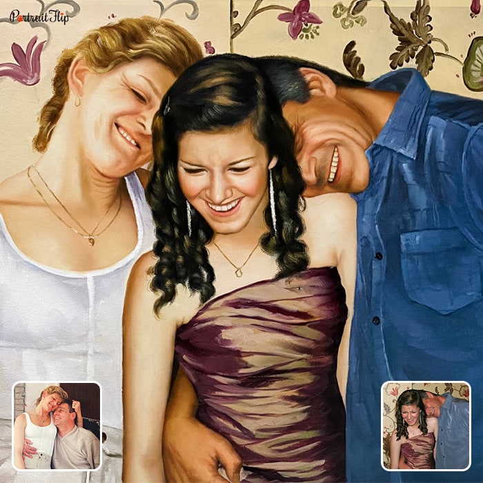 Compilation picture of Mother’s day paintings where a woman is laughing with a man’s head on her shoulder and a woman standing beside her