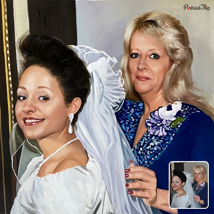 Mother's Day Paintings where an old woman is standing behind a woman wearing a bride outfit