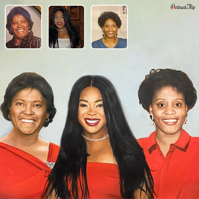 Compilation picture of Mother’s day paintings where three women are placed next to each other in red dress