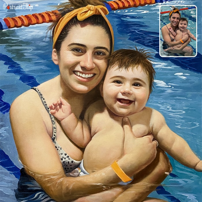 Mother's Day Paintings of a woman and a baby standing in a pool
