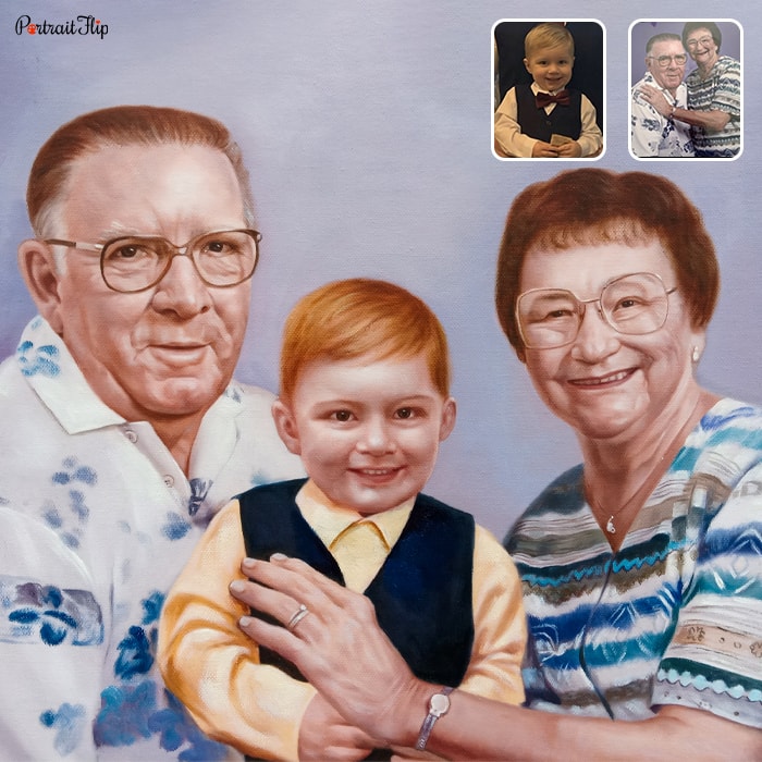 Compilation picture of Mother’s day paintings where a baby boy is placed between an old woman and man