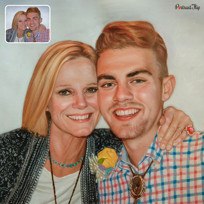 Mother's Day Paintings of a woman and a man where woman’s arm is around man’s neck