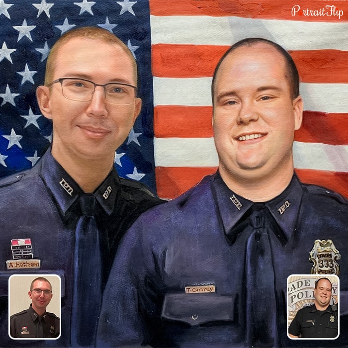Compilation oil paintings of two officers who are placed next to each other with a background of United States flag