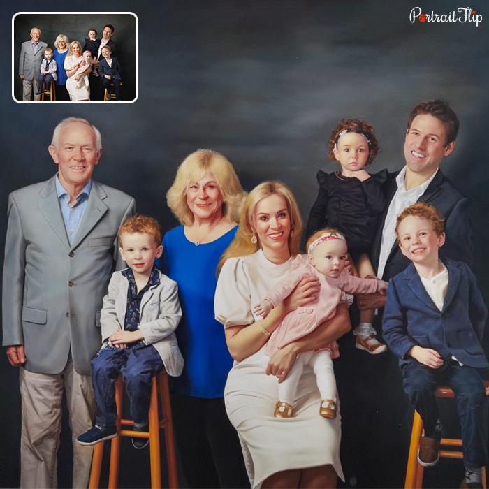 Oil paintings where, in the left corner, there is an old couple with a young boy sitting on high chair in between, beside him, there is a woman with a baby in her arms; and in the right corner, there is a man who has a girl in his arms and a boy in front of him sitting on high chair