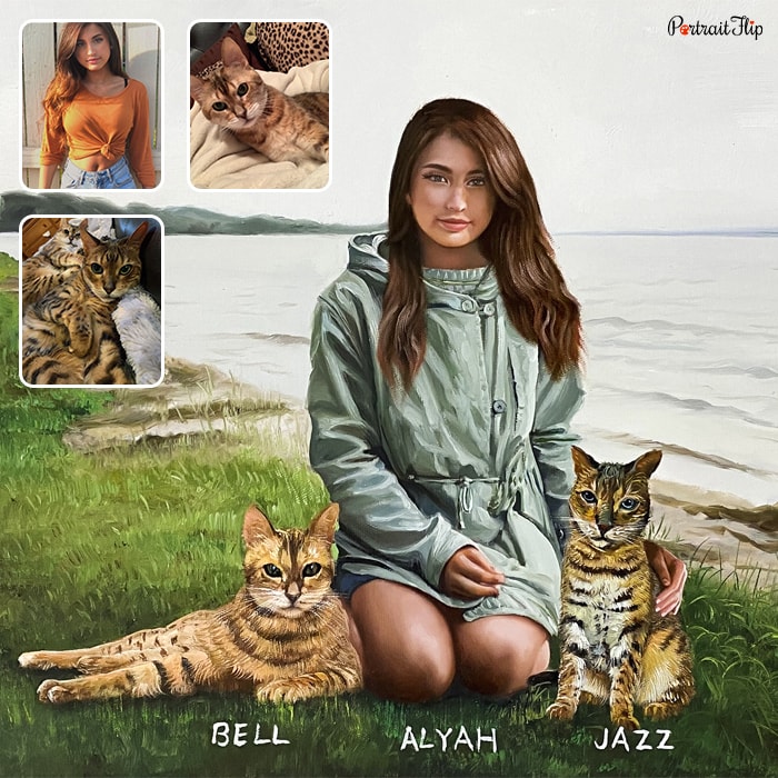 Compilation of three pictures where the girl is sitting in between two cats, with their names mentioned below, is converted into oil paintings