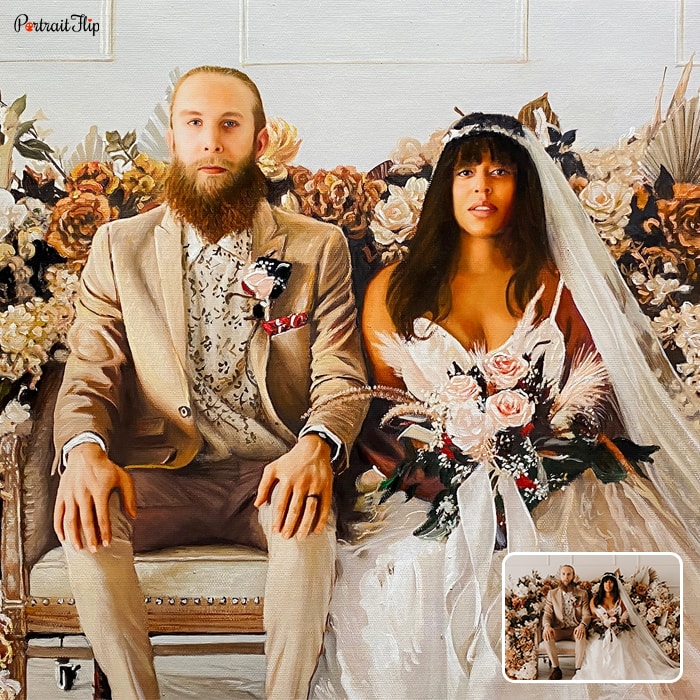 Oil paintings of a bride and a groom sitting next to each other