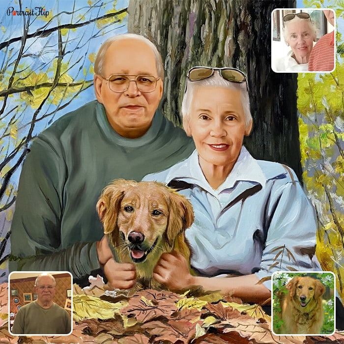Compilation picture of an old couple sitting with a dog which is converted into oil paintings