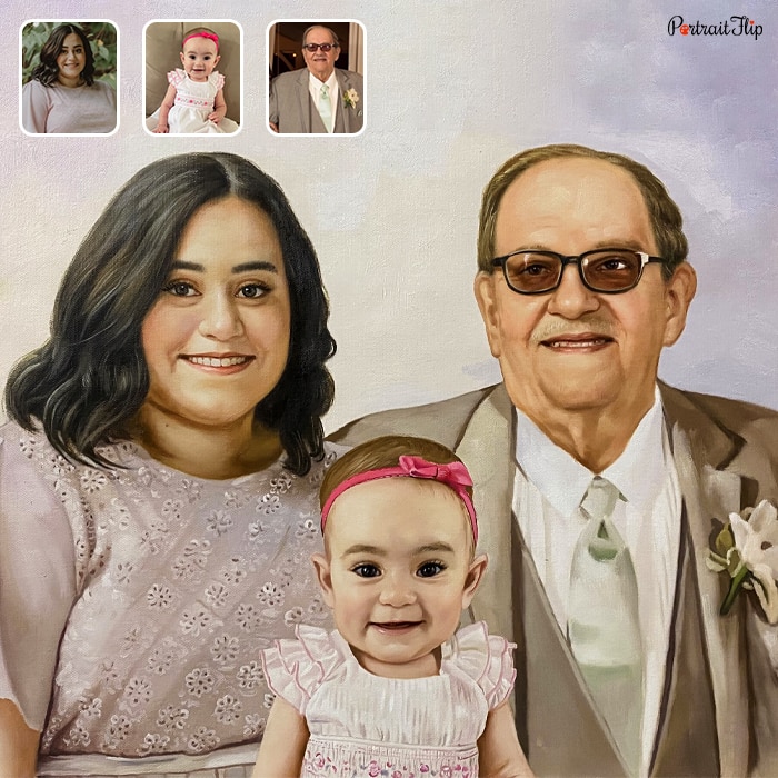 Compilation picture of a woman and an old man with a baby is placed in between is converted into oil paintings