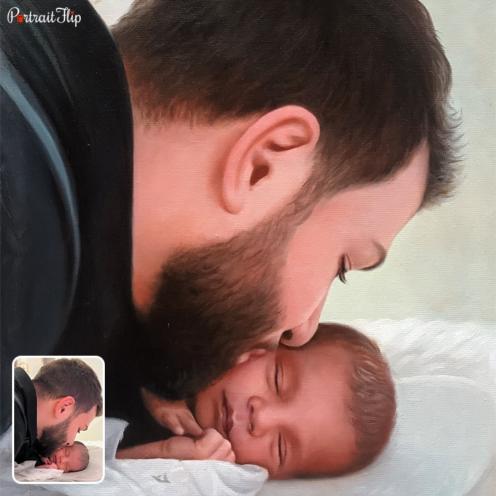 Picture of a man kissing a newborn baby that is converted into oil paintings