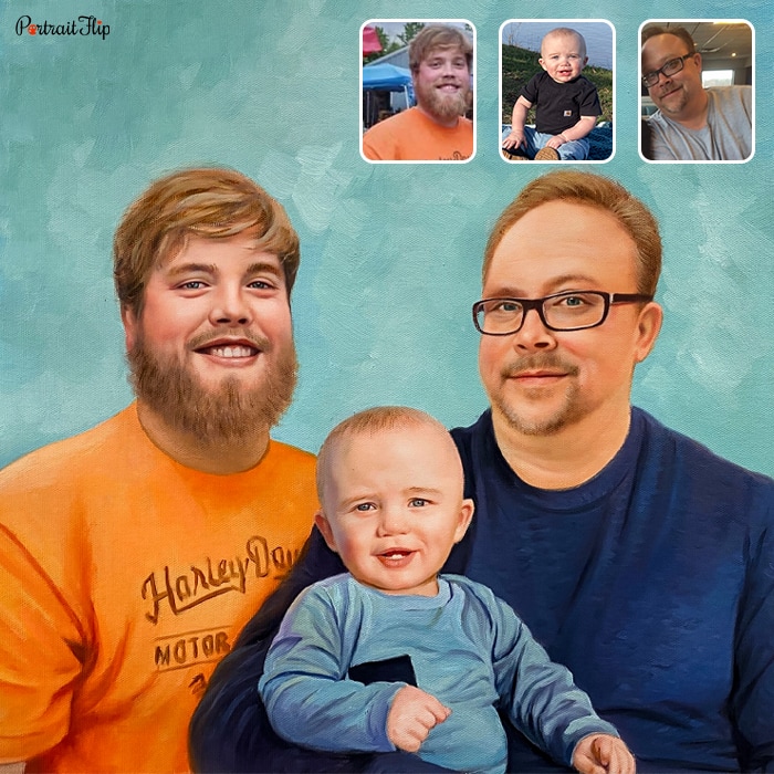 Compilation of three pictures where two men are placed next to each other with a baby in one of the man’s arms is converted into oil paintings