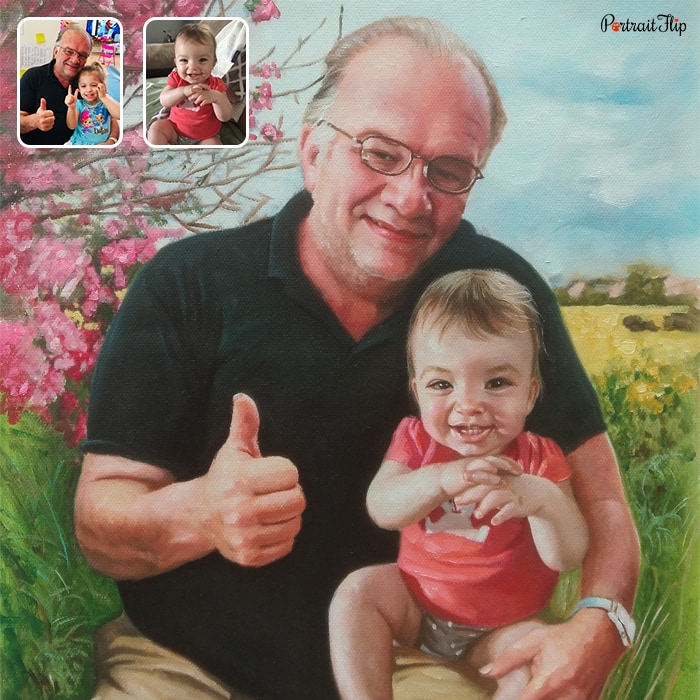 Compilation oil paintings of an old man with a baby in his lap placed in a garden background