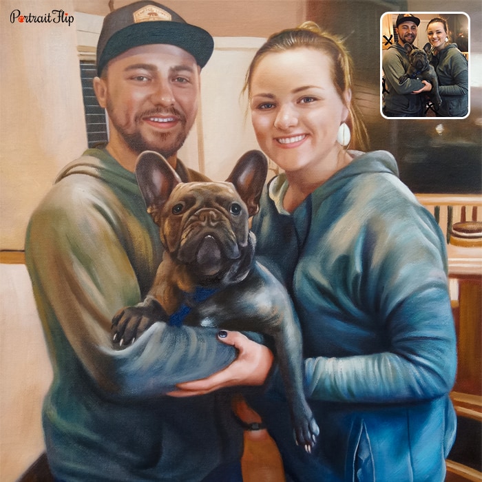 Oil paintings of a man and a woman holding pitbull dog in their hands